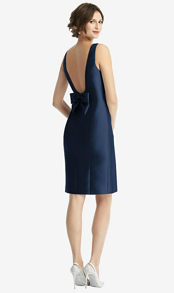 Front View - Midnight Navy Bow Open-Back Satin Cocktail Dress with Front Slit