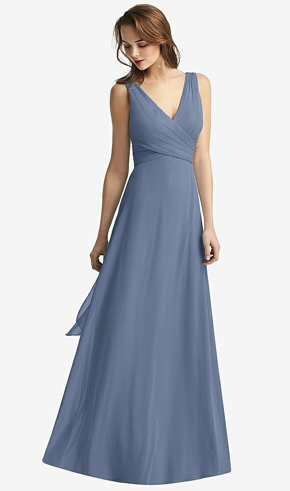 Front View - Larkspur Blue Sleeveless V-Neck Chiffon Wrap Dress