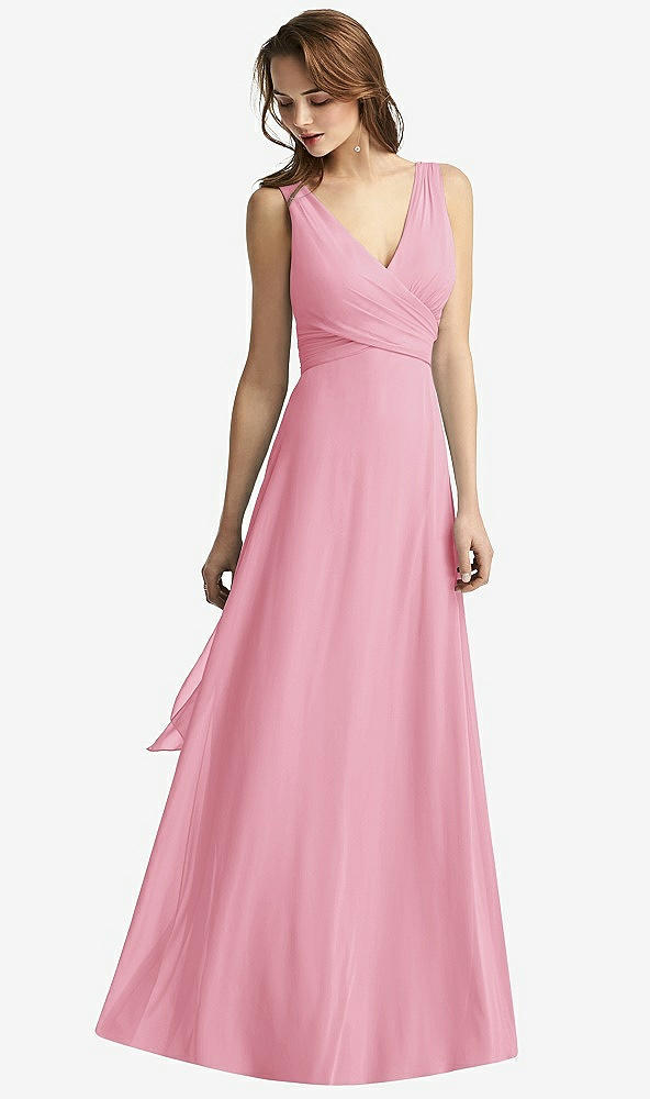 Front View - Peony Pink Sleeveless V-Neck Chiffon Wrap Dress