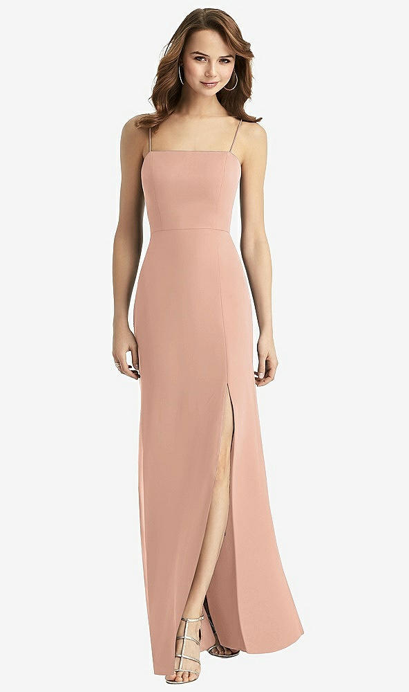Back View - Pale Peach Tie-Back Cutout Trumpet Gown with Front Slit