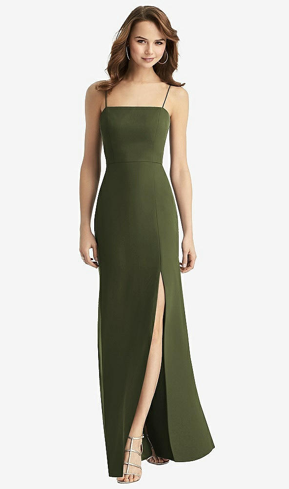Back View - Olive Green Tie-Back Cutout Trumpet Gown with Front Slit