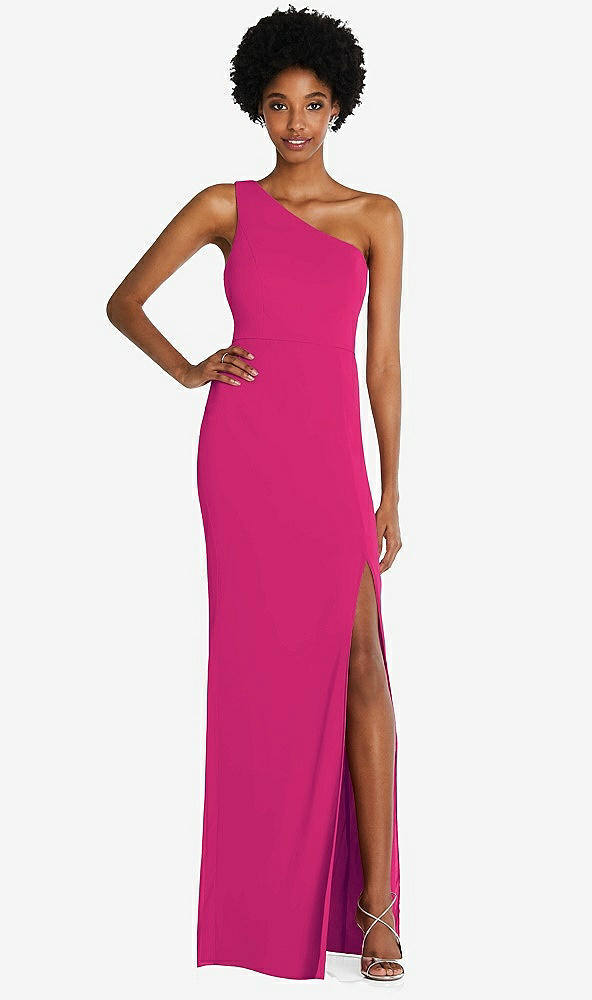 Front View - Think Pink One-Shoulder Chiffon Trumpet Gown