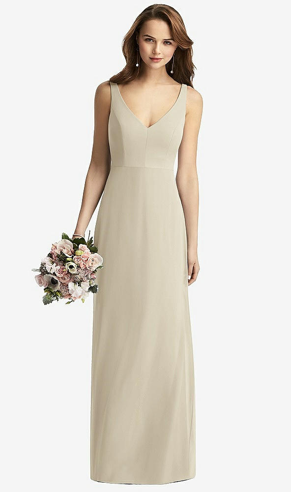 Front View - Champagne Sleeveless V-Back Long Trumpet Gown