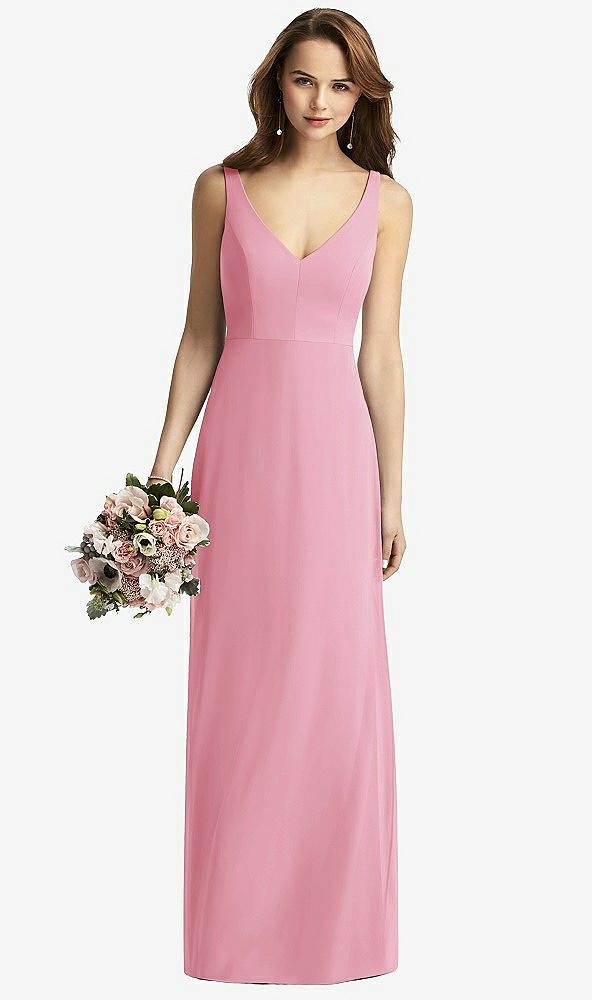 Front View - Peony Pink Sleeveless V-Back Long Trumpet Gown
