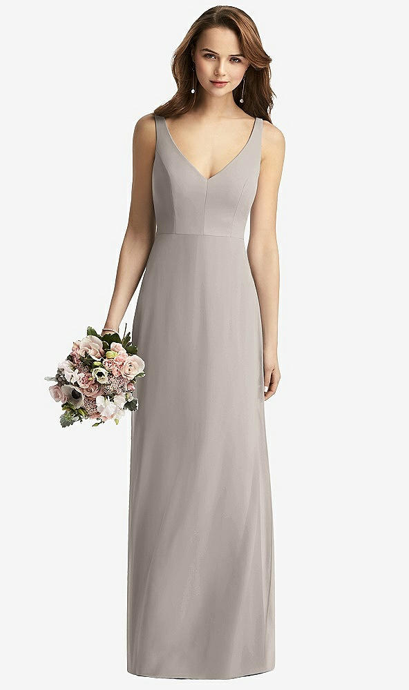 Front View - Taupe Sleeveless V-Back Long Trumpet Gown