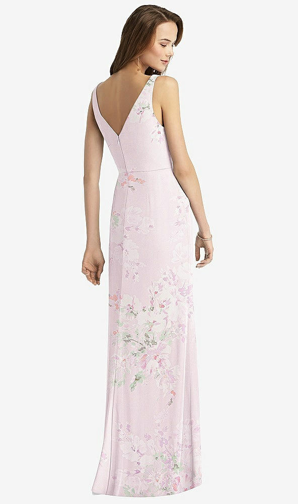 Back View - Watercolor Print Sleeveless V-Back Long Trumpet Gown