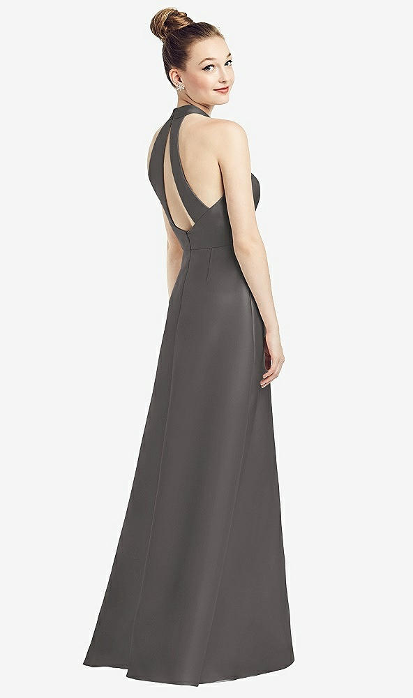 Front View - Caviar Gray High-Neck Cutout Satin Dress with Pockets