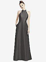 Rear View Thumbnail - Caviar Gray High-Neck Cutout Satin Dress with Pockets