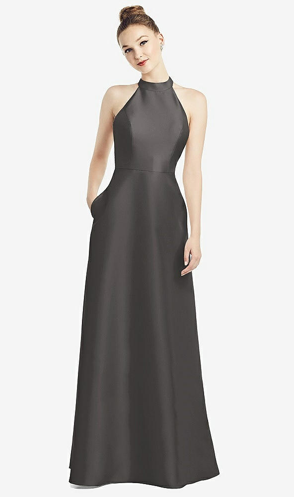 Back View - Caviar Gray High-Neck Cutout Satin Dress with Pockets