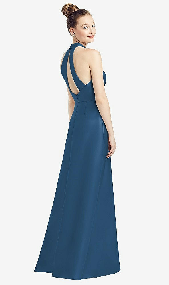Front View - Dusk Blue High-Neck Cutout Satin Dress with Pockets