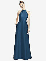 Rear View Thumbnail - Dusk Blue High-Neck Cutout Satin Dress with Pockets