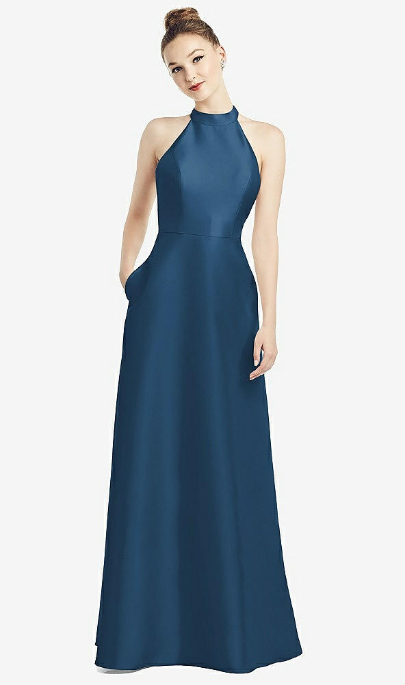 Back View - Dusk Blue High-Neck Cutout Satin Dress with Pockets