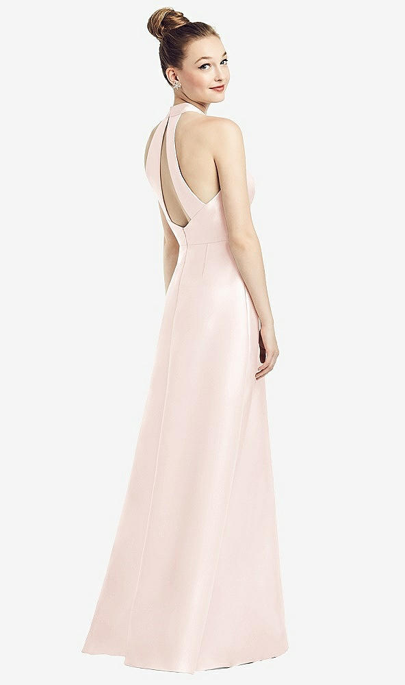 Front View - Blush High-Neck Cutout Satin Dress with Pockets