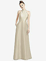 Rear View Thumbnail - Champagne High-Neck Cutout Satin Dress with Pockets