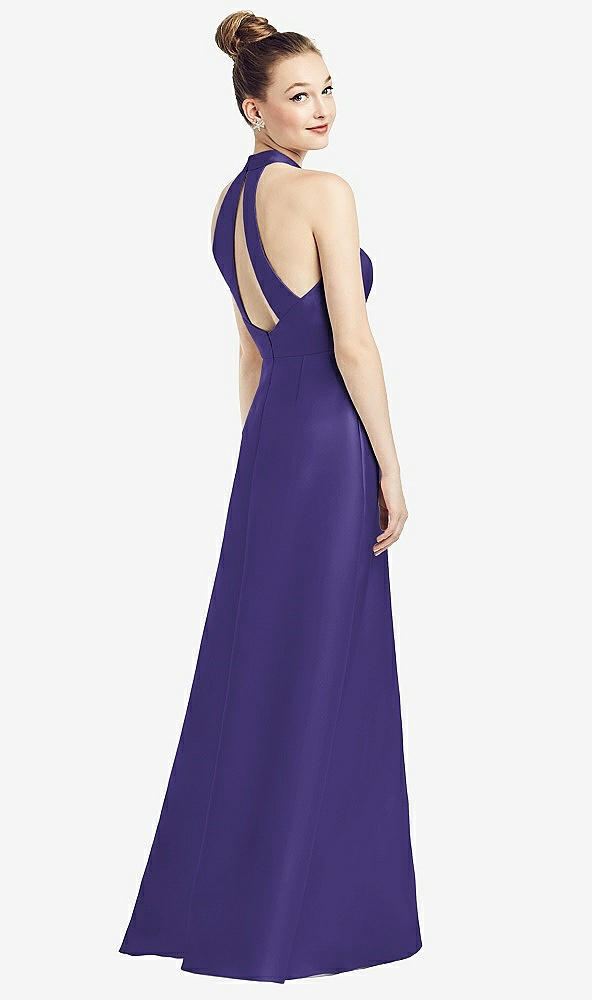 Front View - Grape High-Neck Cutout Satin Dress with Pockets