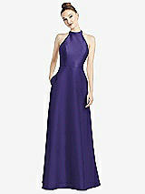 Rear View Thumbnail - Grape High-Neck Cutout Satin Dress with Pockets
