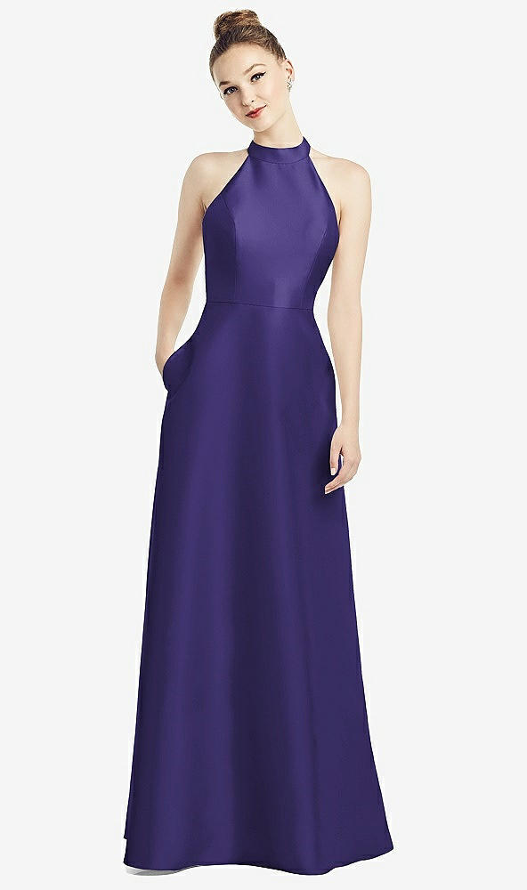 Back View - Grape High-Neck Cutout Satin Dress with Pockets