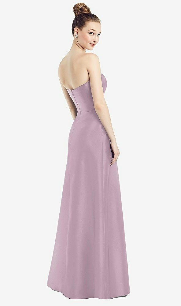 Back View - Suede Rose Strapless Notch Satin Gown with Pockets