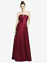 Front View Thumbnail - Burgundy Strapless Notch Satin Gown with Pockets