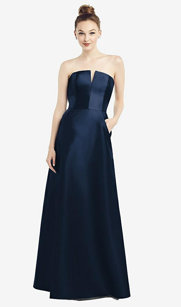 Front View - Midnight Navy Strapless Notch Satin Gown with Pockets