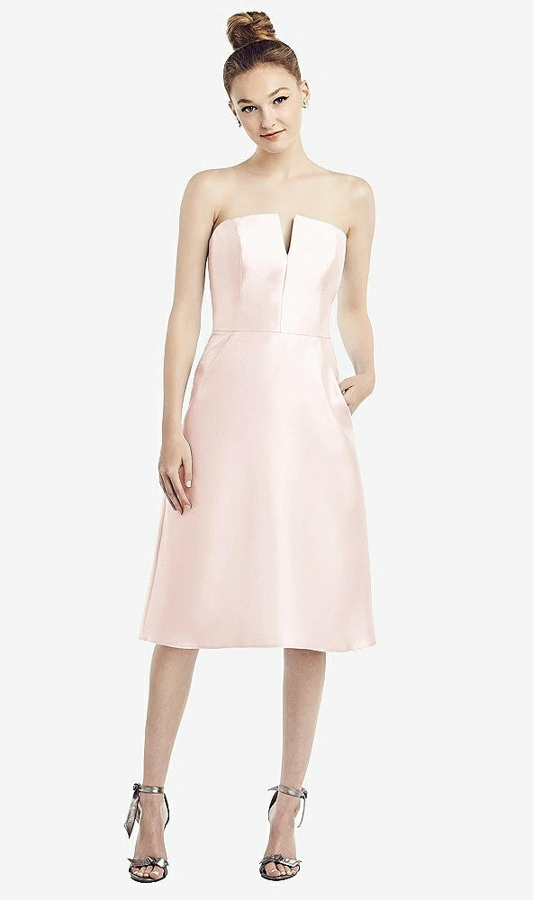 Front View - Blush Strapless Notch Satin Cocktail Dress with Pockets