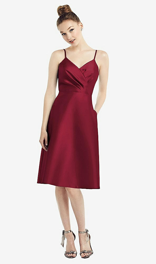 Front View - Burgundy Draped Faux Wrap Cocktail Dress with Pockets