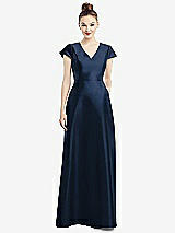Front View Thumbnail - Midnight Navy Cap Sleeve V-Neck Satin Gown with Pockets