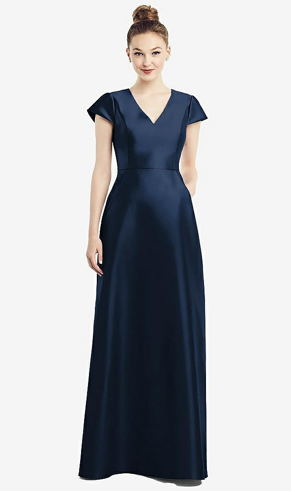 Front View - Midnight Navy Cap Sleeve V-Neck Satin Gown with Pockets