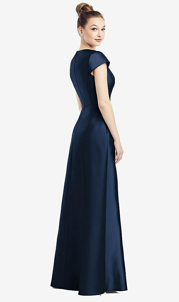 Back View - Midnight Navy Cap Sleeve V-Neck Satin Gown with Pockets