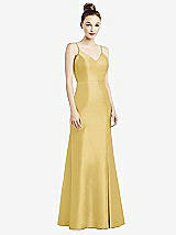 Rear View Thumbnail - Maize Open-Back Bow Tie Satin Trumpet Gown