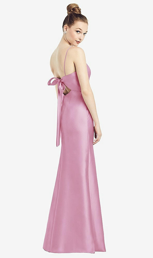 Front View - Powder Pink Open-Back Bow Tie Satin Trumpet Gown