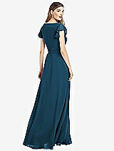 Rear View Thumbnail - Atlantic Blue Flutter Sleeve Faux Wrap Chiffon Dress