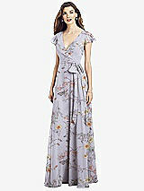 Front View Thumbnail - Butterfly Botanica Silver Dove Flutter Sleeve Faux Wrap Chiffon Dress