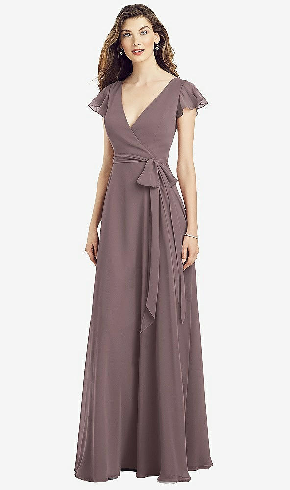 Front View - French Truffle Flutter Sleeve Faux Wrap Chiffon Dress