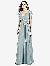 Front View Thumbnail - Morning Sky Flutter Sleeve Faux Wrap Chiffon Dress