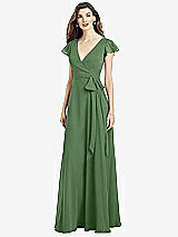 Front View Thumbnail - Vineyard Green Flutter Sleeve Faux Wrap Chiffon Dress