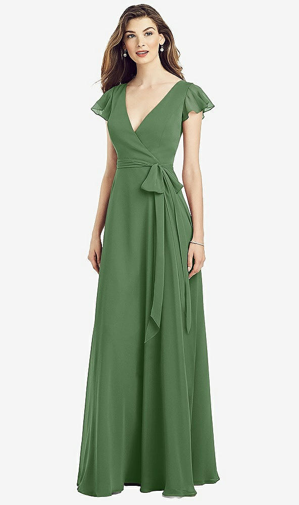 Front View - Vineyard Green Flutter Sleeve Faux Wrap Chiffon Dress