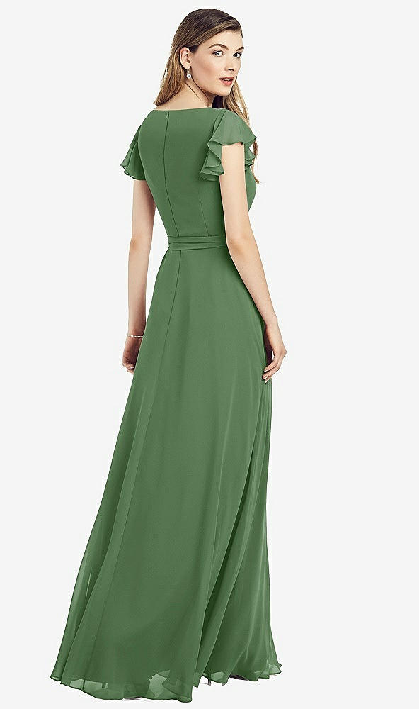 Back View - Vineyard Green Flutter Sleeve Faux Wrap Chiffon Dress