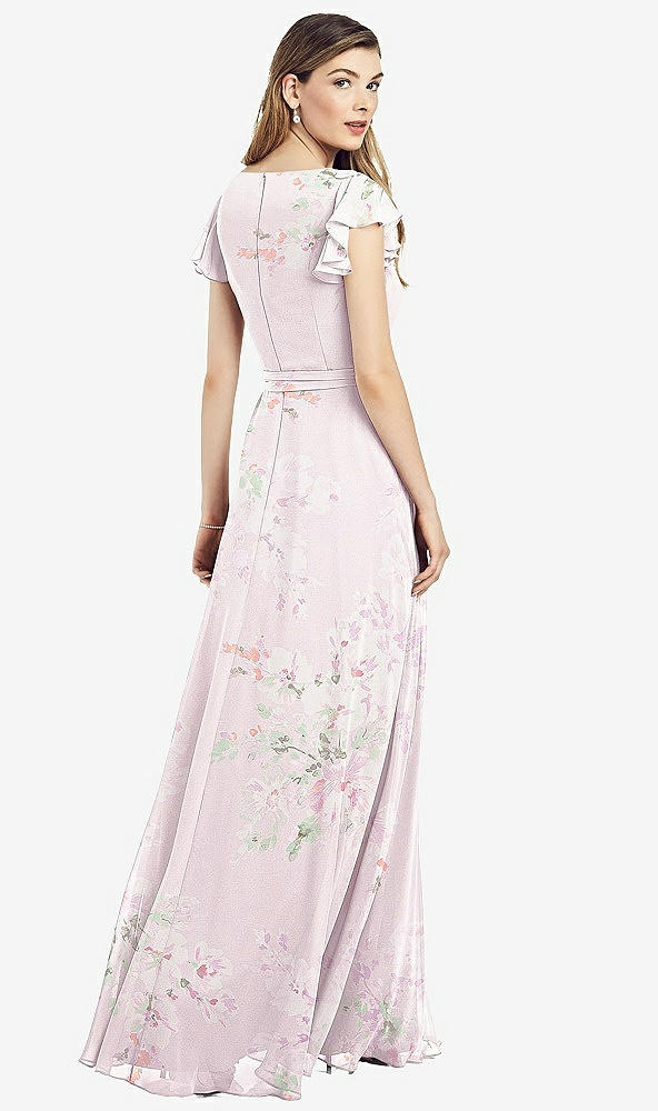 Back View - Watercolor Print Flutter Sleeve Faux Wrap Chiffon Dress