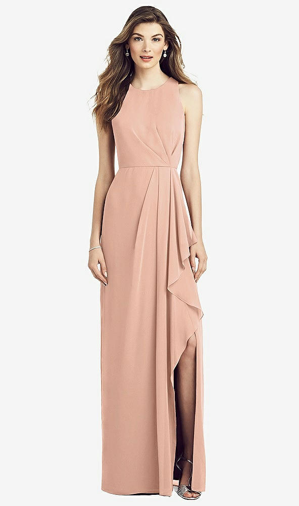 Front View - Pale Peach Sleeveless Chiffon Dress with Draped Front Slit
