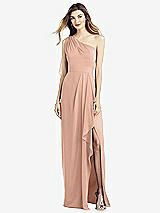 Front View Thumbnail - Pale Peach One-Shoulder Chiffon Dress with Draped Front Slit