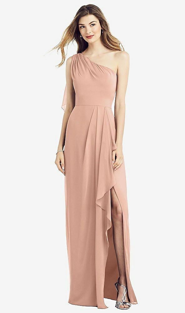 Front View - Pale Peach One-Shoulder Chiffon Dress with Draped Front Slit
