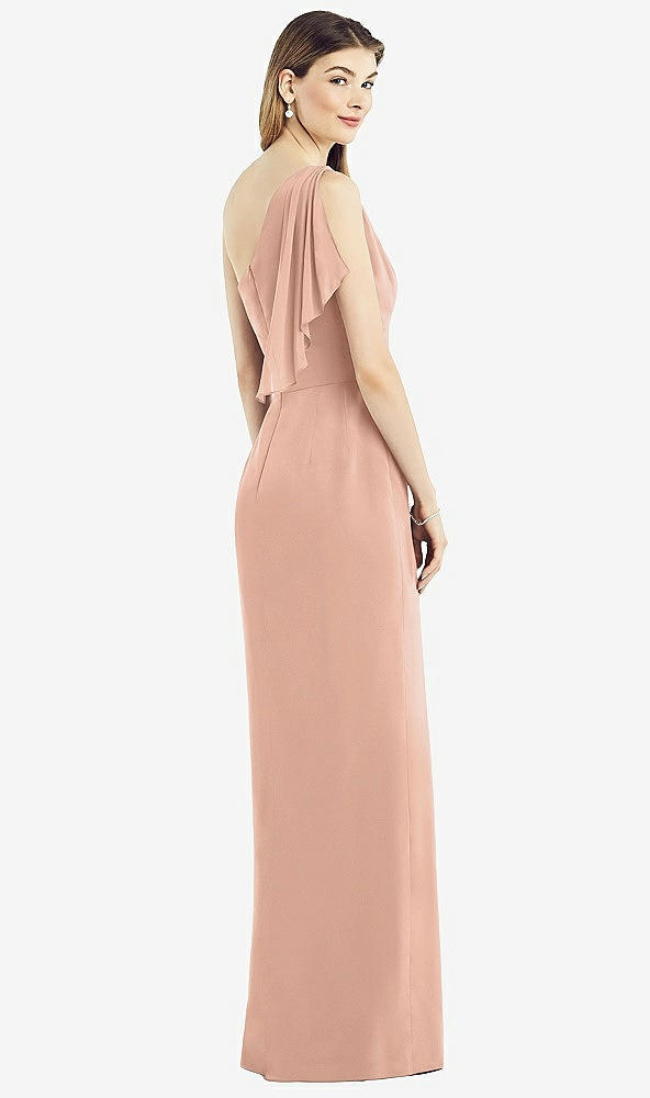 Back View - Pale Peach One-Shoulder Chiffon Dress with Draped Front Slit