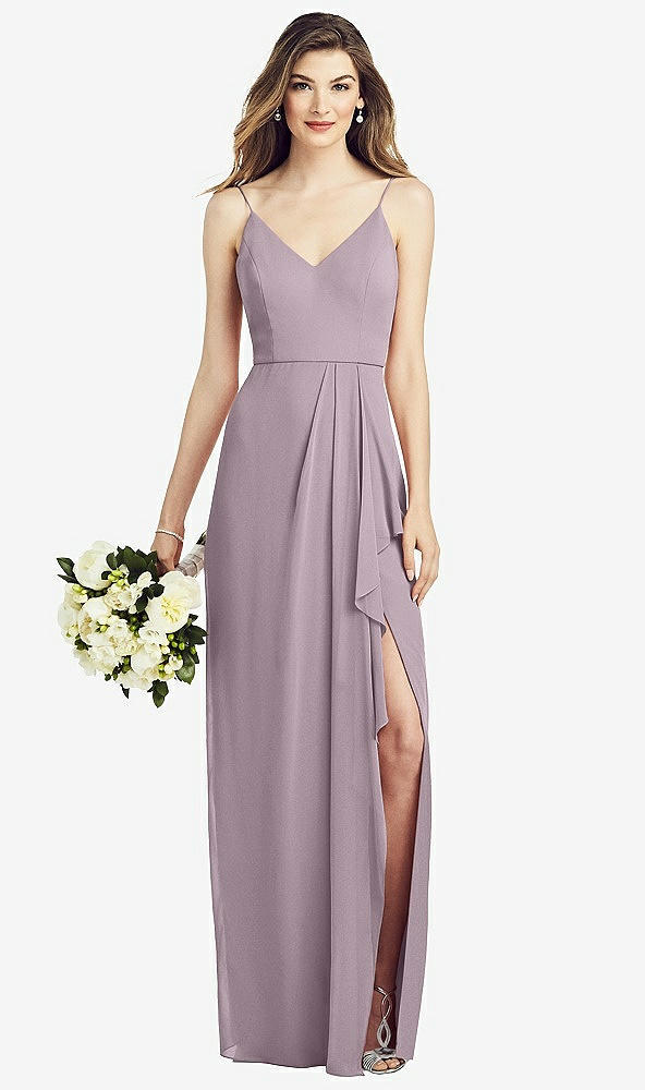 Front View - Lilac Dusk Spaghetti Strap Draped Skirt Gown with Front Slit