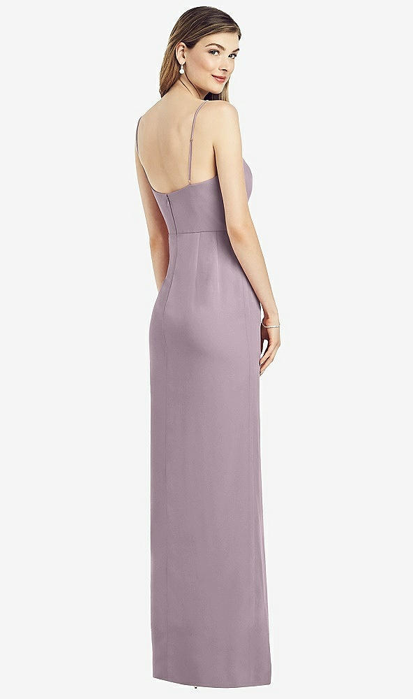 Back View - Lilac Dusk Spaghetti Strap Draped Skirt Gown with Front Slit