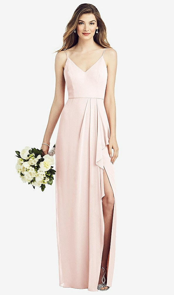 Front View - Blush Spaghetti Strap Draped Skirt Gown with Front Slit