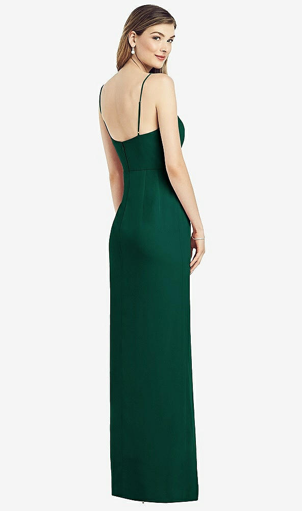 Back View - Hunter Green Spaghetti Strap Draped Skirt Gown with Front Slit