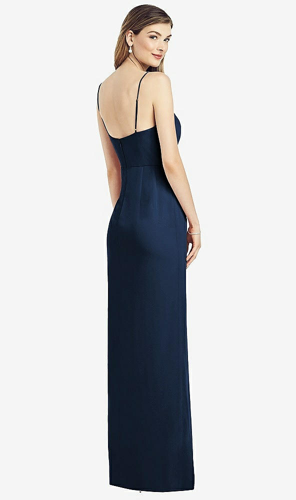 Back View - Midnight Navy Spaghetti Strap Draped Skirt Gown with Front Slit
