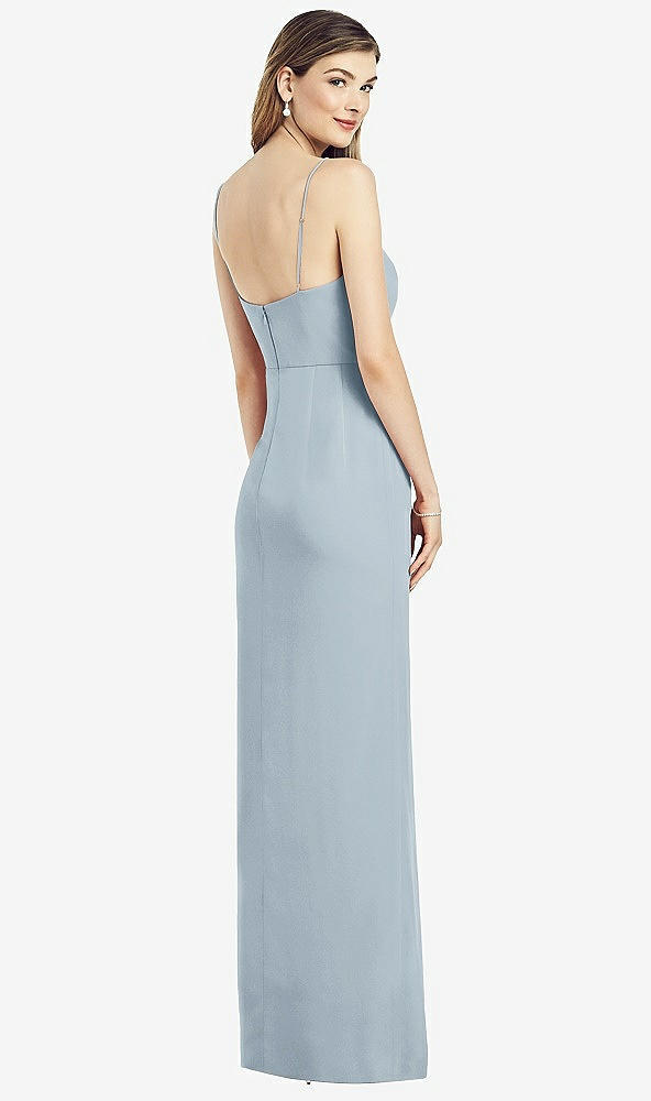 Back View - Mist Spaghetti Strap Draped Skirt Gown with Front Slit