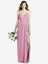 Front View Thumbnail - Powder Pink Spaghetti Strap Draped Skirt Gown with Front Slit